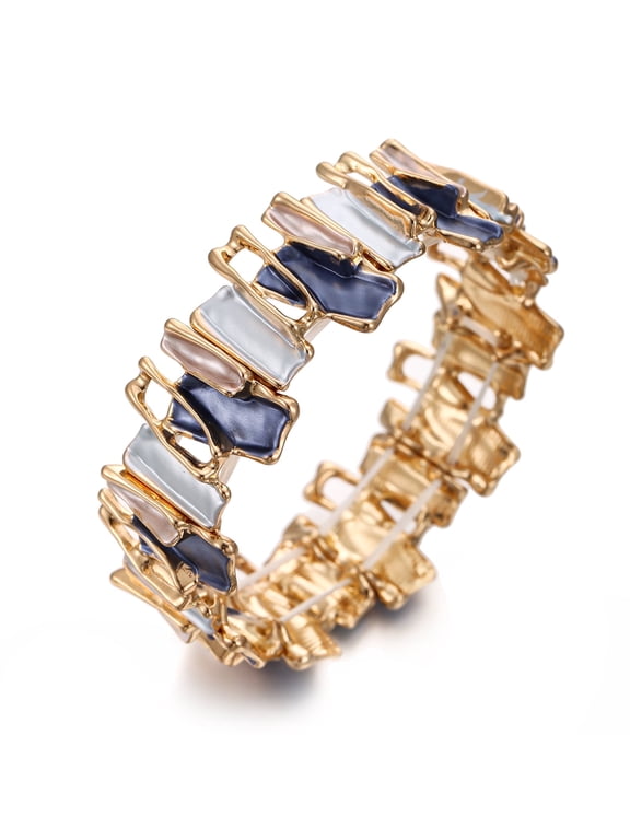 Vintage Gold Elastic Bracelet for Women - Colorful Enamel Handmade Stretch Cuff, Boho Chunky Metal Bangle (bl003605-3)