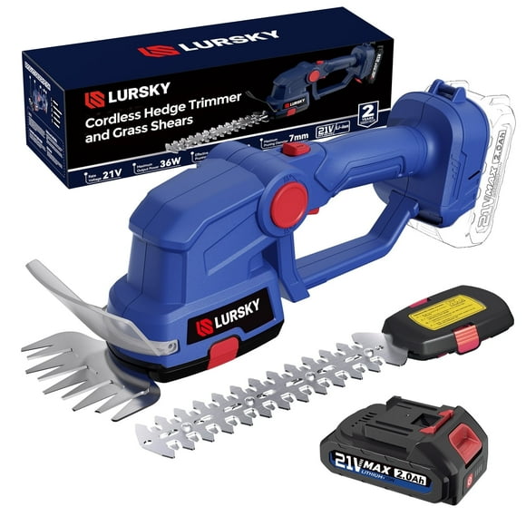 LURSKY Hedge Trimmers Cordless, 2-in-1 Cordless Grass Shears, 21V Electric Bush Shears, Battery Powered, Blue