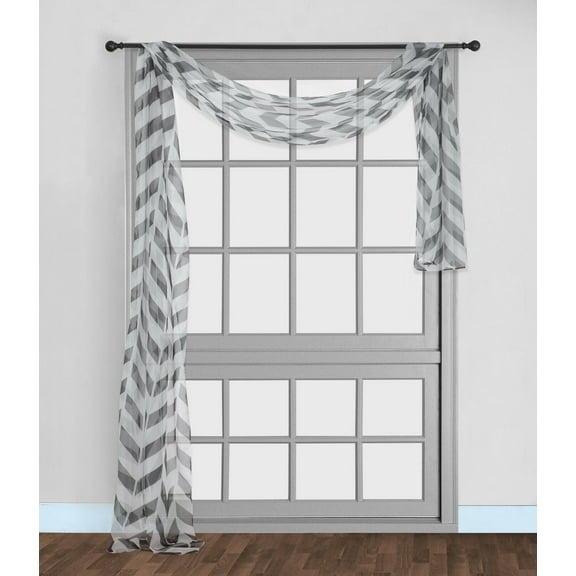 1PC C37 SCARF VALANCE SHEER VOILE ZIG ZAG GEOMETRIC TOPPER SILVER/WHITE SEE THRU WINDOW KITCHEN, BATHROOM, RESTAURANT, ANY USE SIZE 36" WIDE X 216" LENGTH