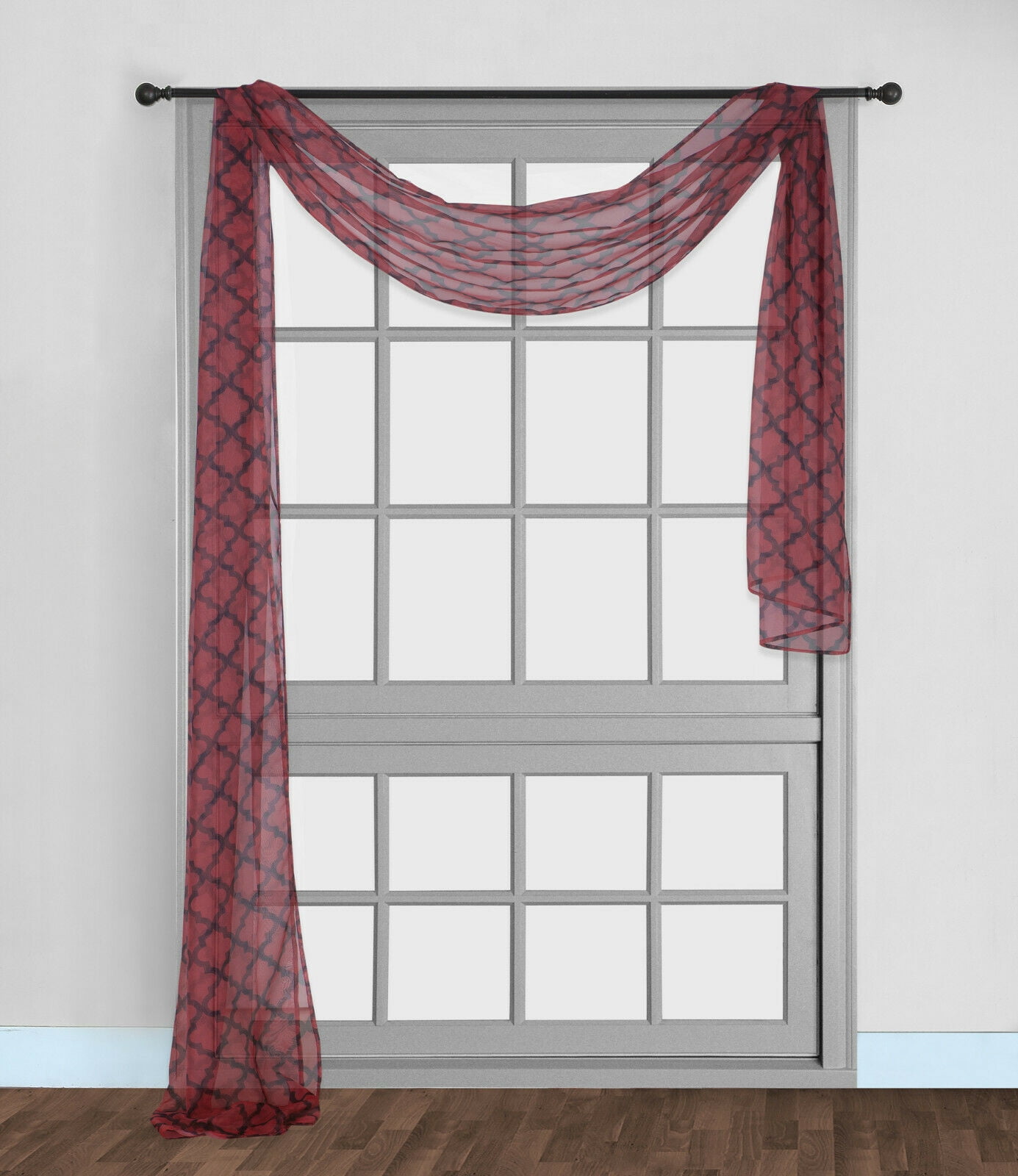 LUSCH D COR 1PC S38 SCARF VALANCE SHEER VOILE TRELLIS GEOMETRIC RED BLACK SEE THRU WINDOW KITCHEN BATHROOM RESTAURANT ANY USE SIZE 36
