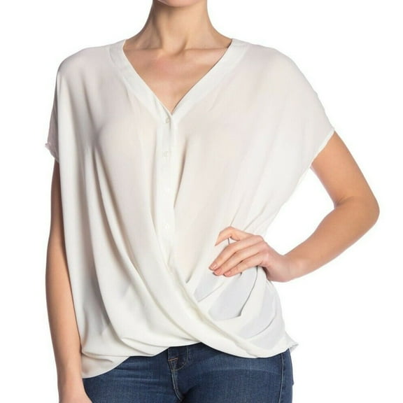 LUSH Surplice Cowl Short Sleeve Draped High Low Hem Loose Fit Women's Tunic Blouse Tops S