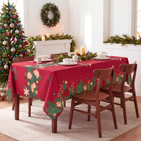 LUSHDIVA Christmas Rectangle Tablecloth, Holly Berry Ribbon Garland Bordered Fabric Dining Table Cover, Xmas Holiday Party Decor Table Cloth, 60" x 120"