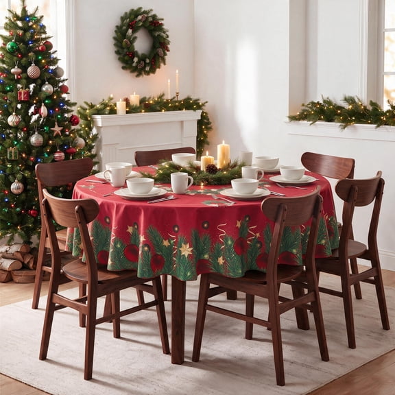 LUSHDIVA Christmas Round Tablecloth, Holly Berry Ribbon Garland Bordered Fabric Dining Table Cover, Xmas Holiday Party Decor Table Cloth, 60" Inches Round