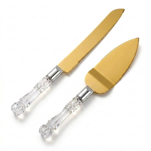 Cake Cutter and Pie Spatula, Gold Blade and Faux Crystal Handle Wedding Cake Cutting Set, Stainless Steel Gold Knife Set for Party, Birthday, and Anniversary