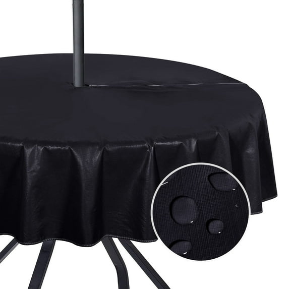LUSHVIDA 100% Waterproof PVC Outdoor/Indoor Tablecloth with Umbrella Hole and Zipper-Black, 60 inch Round Vinyl Tablecloth for Patio/Garden/BBQ