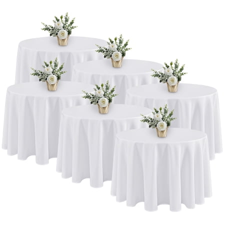 LUSHVIDA 6 Pack White Tablecloths 120 inch Round Table Cloth Polyester Table Covers for Dining Party and Camping