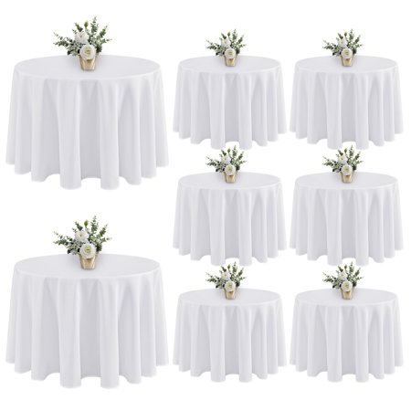 LUSHVIDA 8 Pack White Tablecloths 108 inch Round Table Cloth Polyester Table Covers for Dining Party and Camping