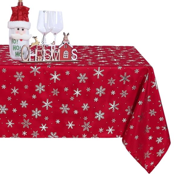 LUSHVIDA Christmas Tablecloth Rectangle -60x120 inch Snowflake Foil Print Pattern Washable Wrinkle Resistant Holiday Tablecloths for Christmas Family Gathering, Dining Room Table Decoration 130GSM
