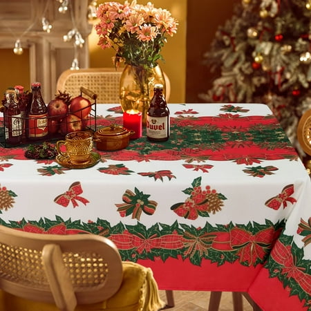 LUSHVIDA Christmas Tablecloth Rectangle - 60x84 inch Holly Ribbon Pattern Washable Wrinkle Resistant Holiday Tablecloths for Christmas Family Gathering, Dining Room Table Decoration 130GSM