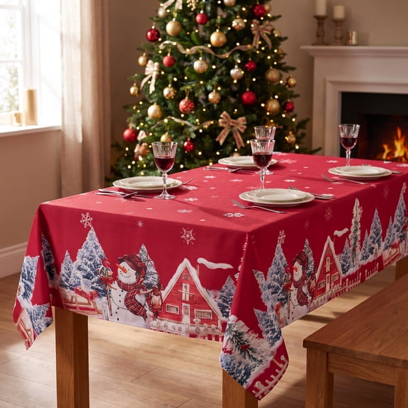 LUSHVIDA Christmas Tablecloth Rectangle, Winter Snowman House Christmas Trees Red Washable Table Cover for Party Picnic Dinner Decor, 60" x 102"