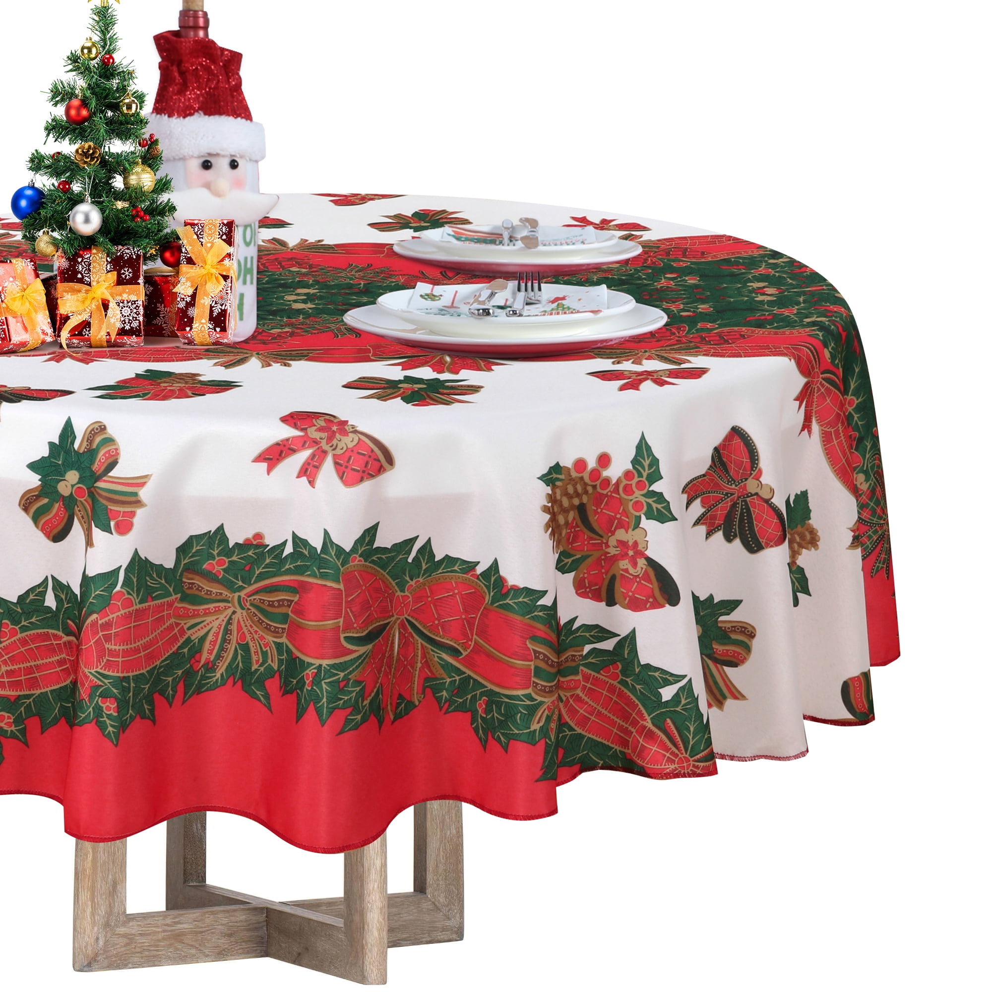 LUSHVIDA Winter Style 60 inch Round Christmas Tablecloth Holly Ribbon