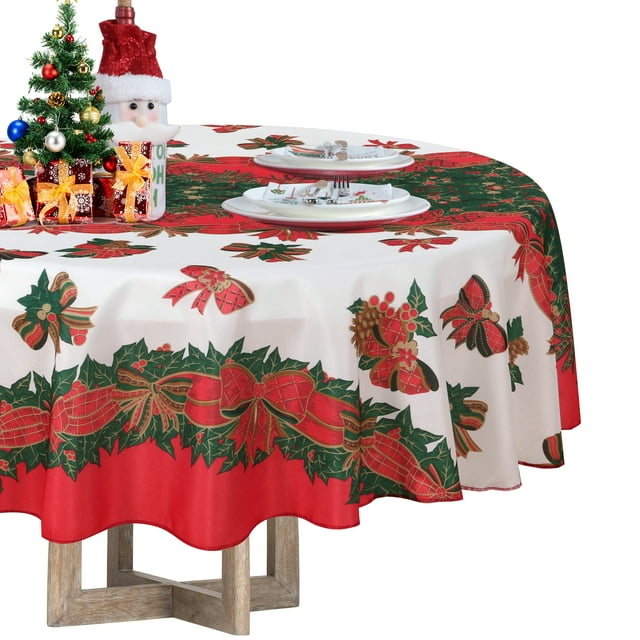 LUSHVIDA Winter Style 60 inch Round Christmas Tablecloth Holly Ribbon