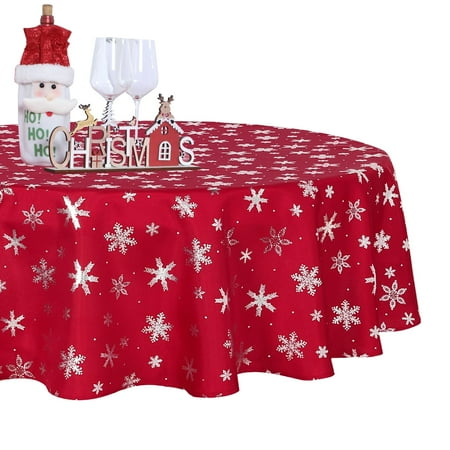 LUSHVIDA Christmas Tablecloth Round 60 inch - Snowflake Pattern Washable Wrinkle Resistant Holiday Tablecloths for Christmas Family Gathering, Dining Room Table Decoration 130GSM