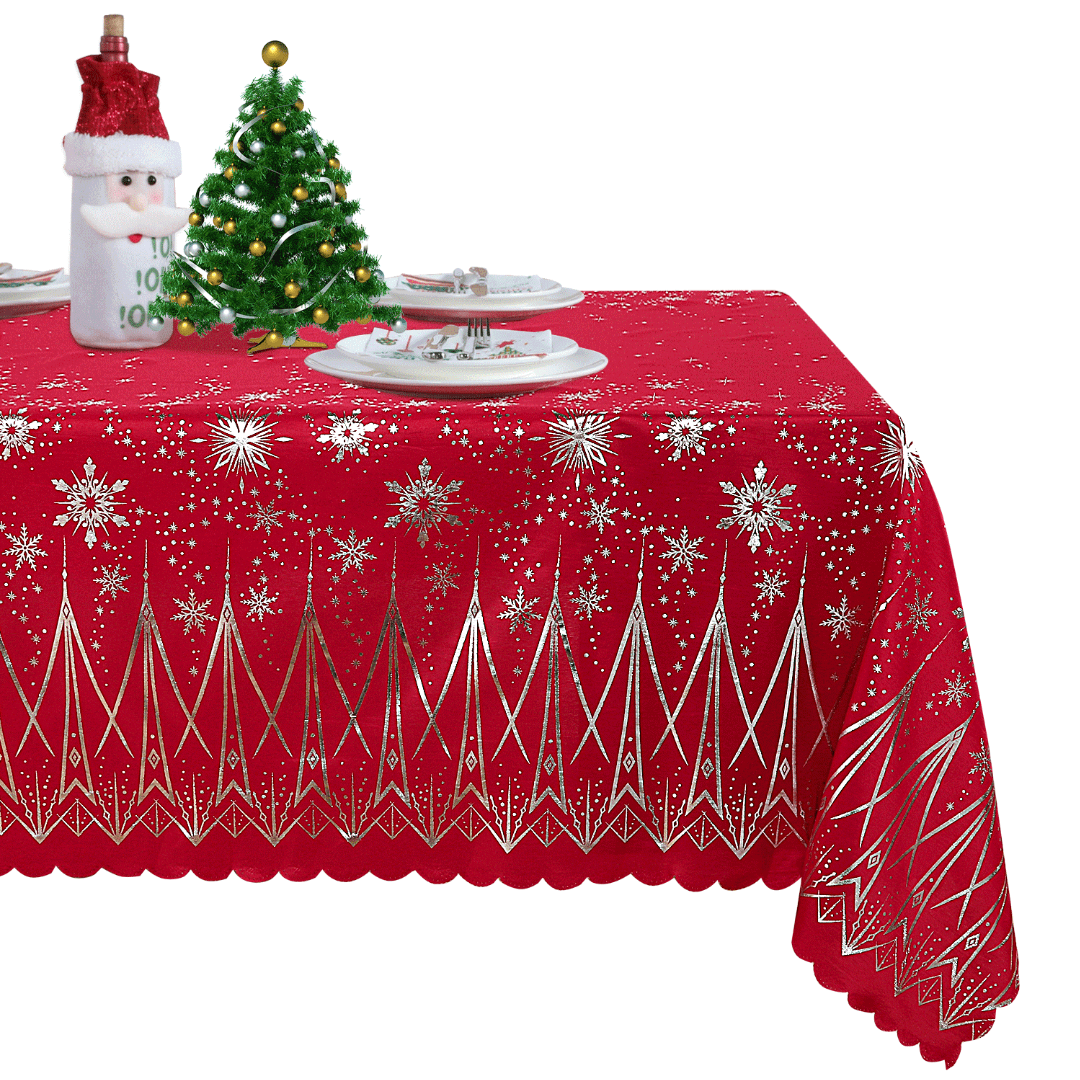 LUSHVIDA Christmas Tablecloths - Rectangle Foil Snowflake and Tree Table Cover Table Cloth Water Resistant Washshable Stain Resistant Decorative Tablecloth for Dining Festival - 60x84 inch 1 Pc