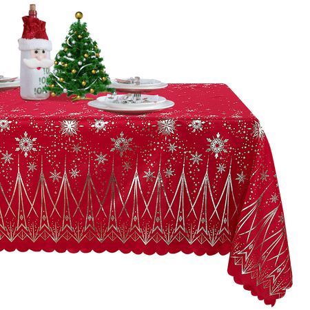 LUSHVIDA Christmas Tablecloths - Rectangle Foil Snowflake and Tree Table Cover Table Cloth Water Resistant Washshable Stain Resistant Decorative Tablecloth for Dining Festival - 60x84 inch 1 Pc