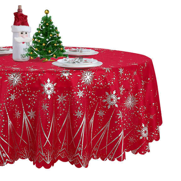 LUSHVIDA Christmas Tablecloths - Round Foil Table Cover Table Cloth Water Resistant 60 inch Washshable Waterproof Stain Resistant Decorative Tablecloth for Christmas Dining - 60 inch Round Red 1 Pc