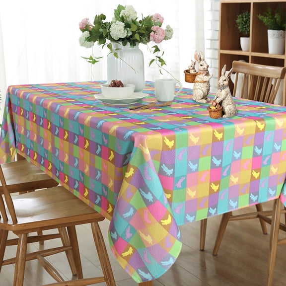 LUSHVIDA Easter Checkered Rectangle Tablecloth Holiday Plaid PolyesterTablecloth Decorative Table Cover for Picnic Banquet Party Kitchen Dining Room, 60" x 102"