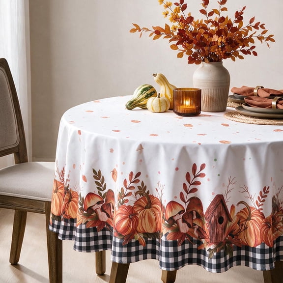 LUSHVIDA Fall Round Tablecloth, Autumn Harvest Pumpkin Mushroom Black Buffalo Plaid Table Cover for Thanksgiving Party Picnic Dinner Decor, 60 Inches Round
