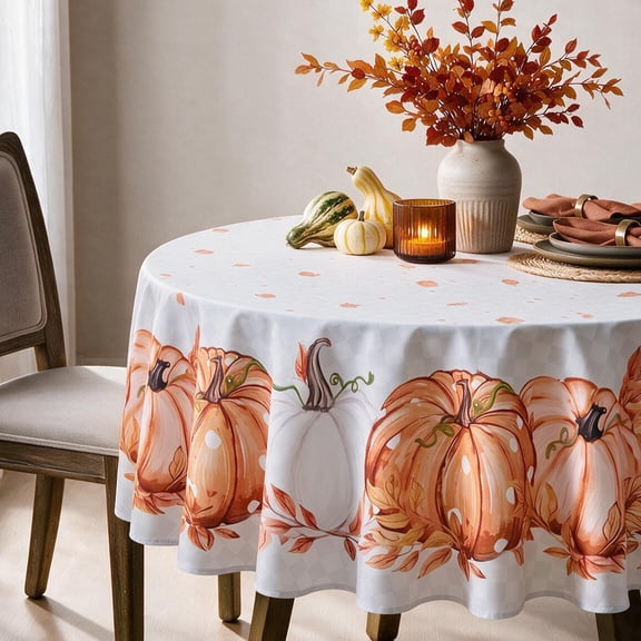 LUSHVIDA Fall Round Tablecloth, Pumpkin & Autumn Leaves Print Table Cover, Harvest Thanksgiving Dining Home Party Decoration, 60 Inch Round