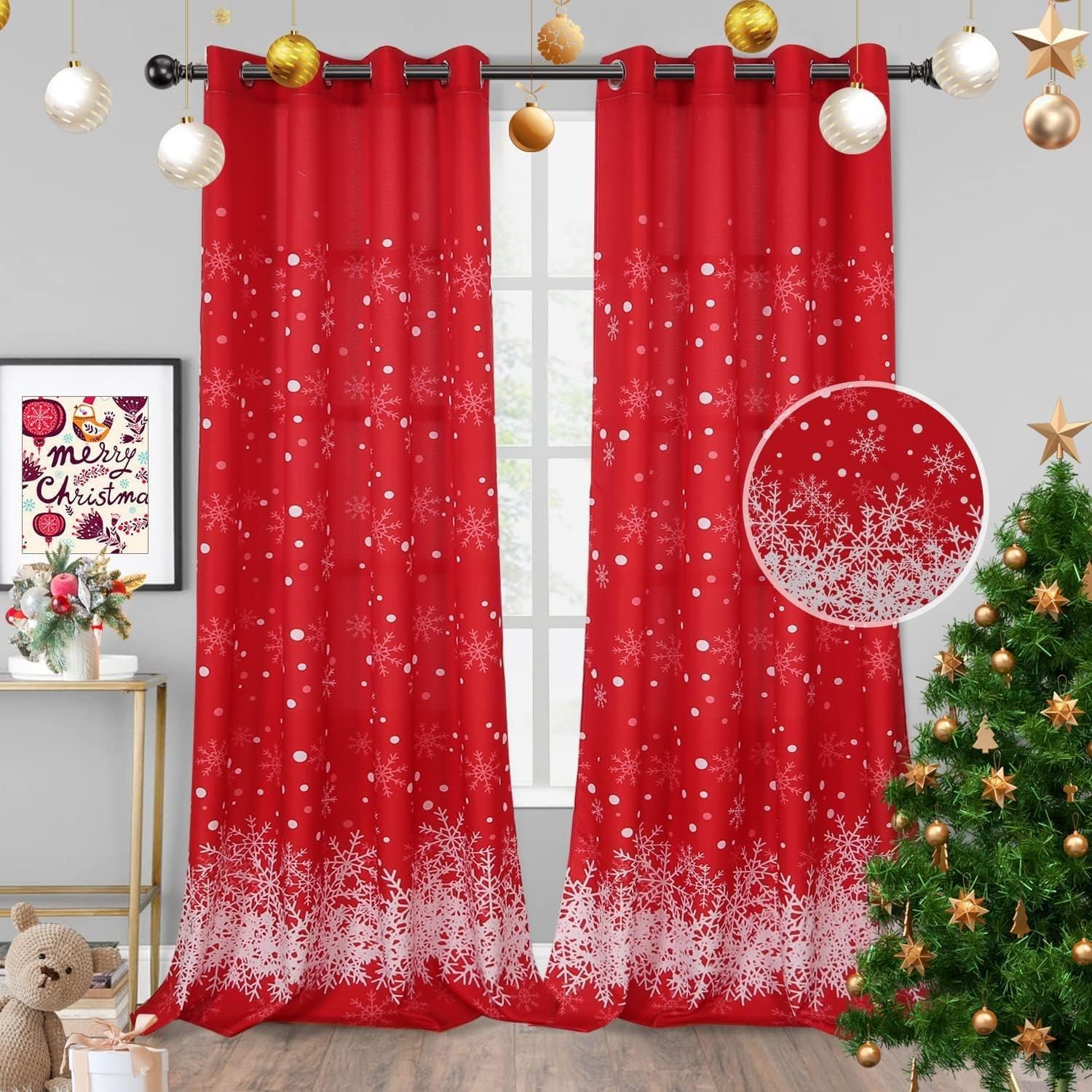 Christmas Curtains 2 Panels Set, Traditional Design Icons Holly Berry