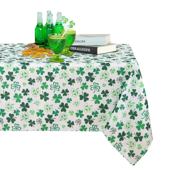 LUSHVIDA St Patrick's Day Checkered Fabric Round Table Cloth-60x120 Inch-Polyester Shamrock Pattern Tablecloth, Table Cover Protector for Party, Banquet, Dinner Decoration Use, Green & White