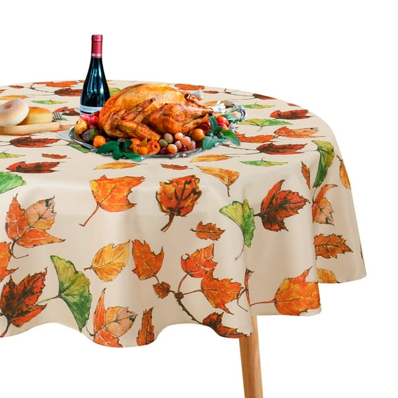 LUSHVIDA Thanksgiving Round Tablecloth Maple Leaves- 60 inch Round Fall Tablecloth Washable Wrinkle Resistance Thanksgiving Table Cover for Holiday Party Kitchen Dining Room 1 Piece