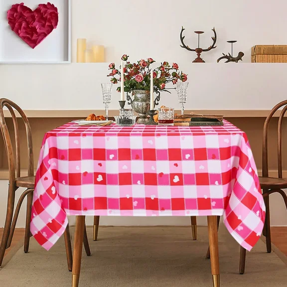 LUSHVIDA Valentine's Day Checkered Fabric Rectangle Table Cloth- 60 x 84 Inch -Polyester Heart Pattern Tablecloth, Table Cover Protector for Party, Wedding, Valentine Decoration Use, Red & White