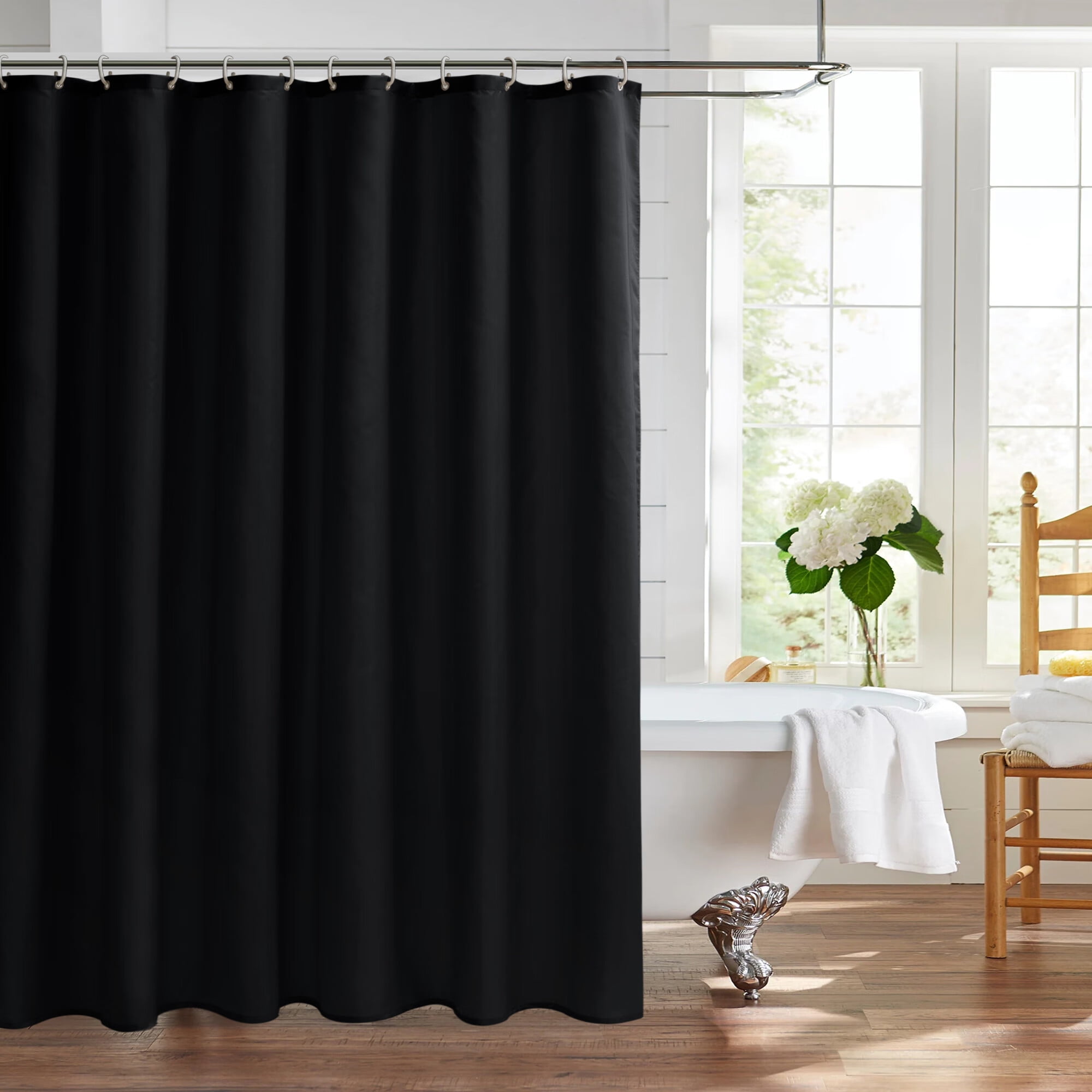LUSHVIDA Waterproof Black Fabric Shower Curtain Liner with Separate