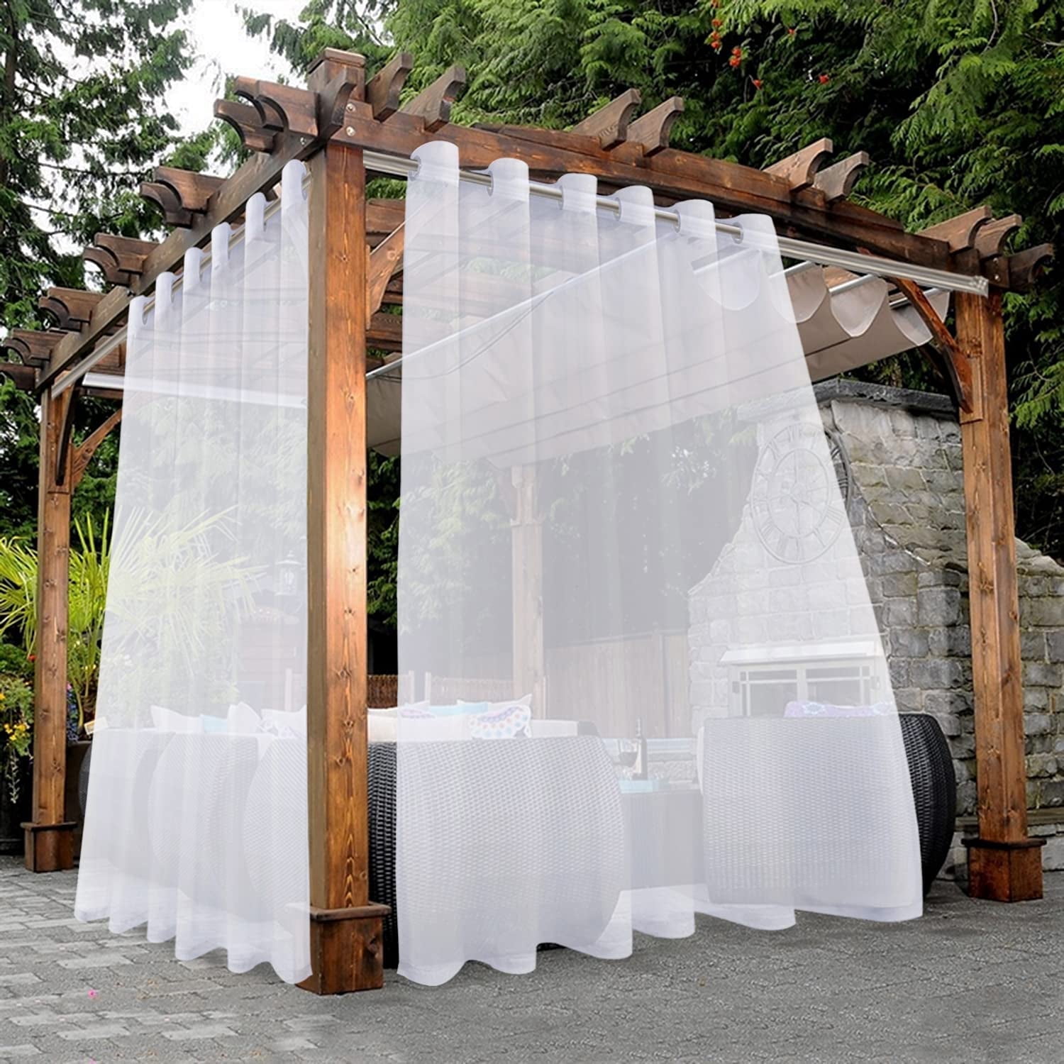 LUSHVIDA Waterproof Outdoor Sheer Curtains for Patio, White, 100 x 95 inch, 2 Panels - Outdoor Curtains Grommet Voile Drapes for Living Room, Bedroom, Pergola, Porch, Deck, Lanai and Cabana