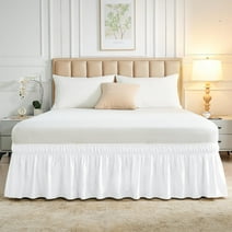 LUSHVIDA White Queen/ King Bed Skirt - Wrap Around Dust Ruffle White Bed Skirts 18" Drop with Adjustable Elastic Belt