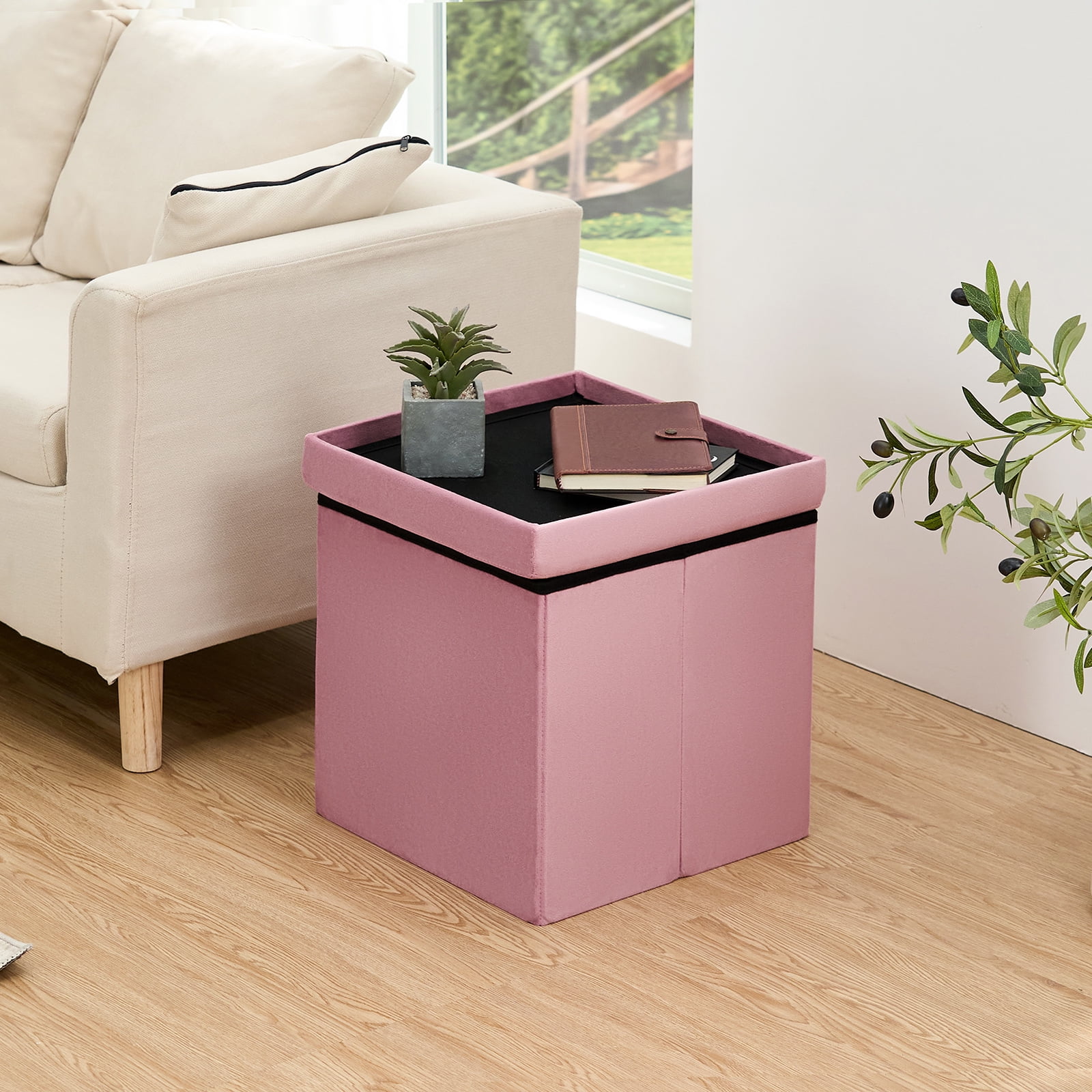 Lusimo Velvet Ottoman Foot Rest with Storage 15 Small Footstool with 397 lb Capacity Folding Storage Bench for Living Room Bedroom Entryway Pink