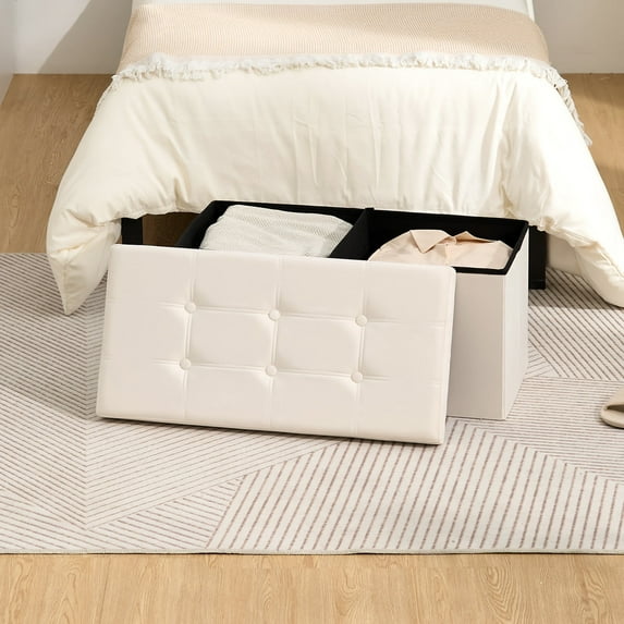 LUSIMO Ottoman with Storage 30" Velvet Storage Bench Folding End of Bed Bench Hold up to 574lb Footstool for Bedroom Living Room, Beige