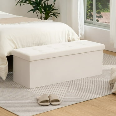 LUSIMO Ottoman with Storage 43" Velvet Storage Bench Folding End of Bed Bench Hold up to 660lb Footstool for Bedroom Living Room, Beige