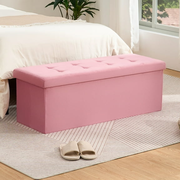 LUSIMO Ottoman with Storage 43" Velvet Storage Bench Folding End of Bed Bench Hold up to 660lb Footstool for Bedroom Living Room, Pink