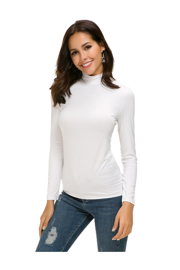 Women's Cotton Long Sleeve Stretchy Mock Turtleneck Tight Tops