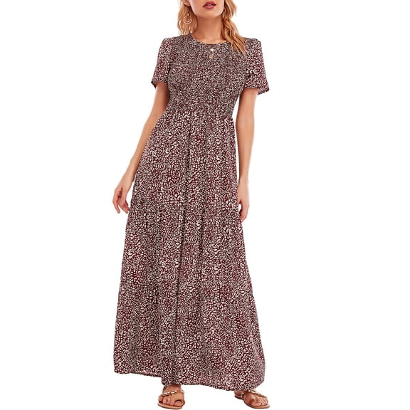 LUSMAY Women's Summer Casual Floral Print Party Wrap Maxi Dresses Short Sleeve A Line Long Tiered Sun dress