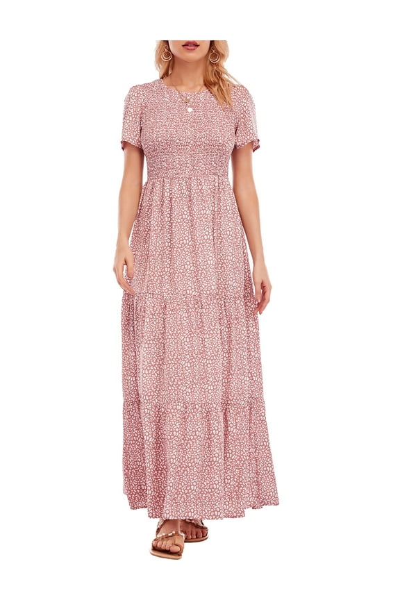 Women's Summer Casual Floral Print Party Wrap Maxi Dresses Short Sleeve A Line Long Tiered Sun dress