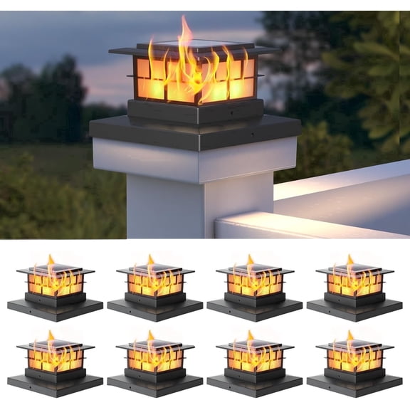LUTEC 8 pack Solar Post Lights, Waterproof Fence Post Solar Lights for 4x4/5x5/6x6 Wooden/Vinyl Posts, Flickering Flame LED Lighting Decor for Yard, Patio, Deck, Black
