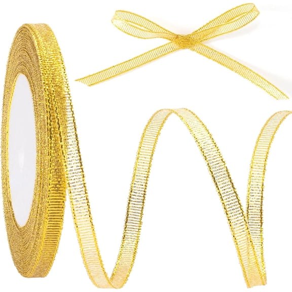 LUU-1/4in 50 Yard Gold Ribbon for Gift Wrapping, Glossy Satin Ribbon Roll, Glitter Thin Fabric Ribbon for Christmas Wedding Birthday Party Bouquet Decoration_SAI