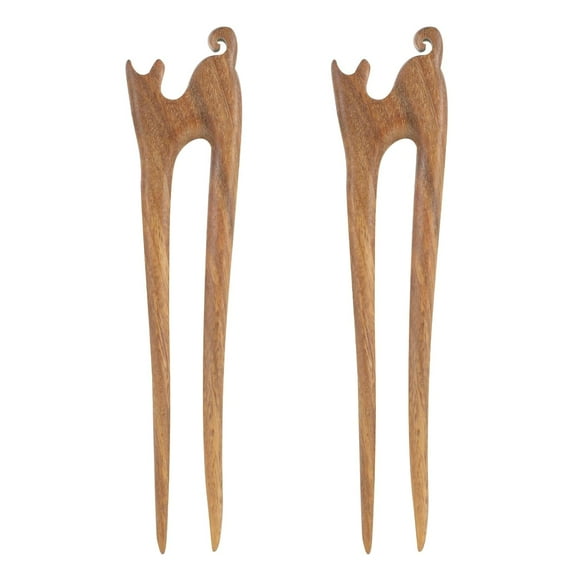 LUU-2Pcs U Shape Wooden Hair Sticks Handmade Carved Wood French Hair Forks with Cute Cat Design 2-Prong Vintage Wood Hair Pins for Women Girls Chignon Bun Updo Hairstyle Accessories_SAI