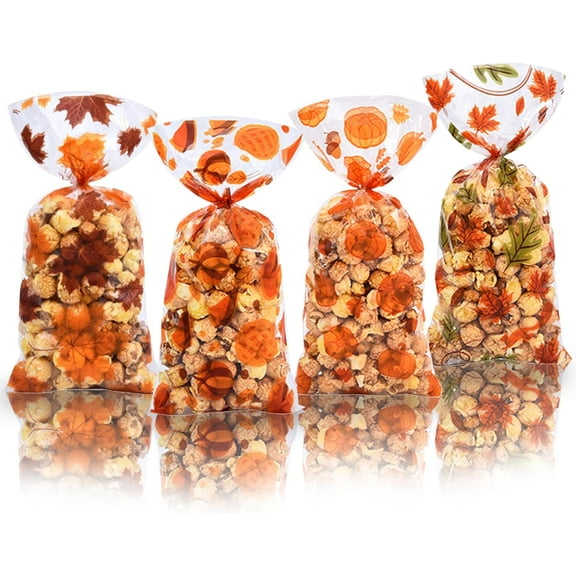 LUU-50Pcs Fall Cellophane Bags Thanksgiving Treat Bags 5 * 11inch Plastic Clear Autumn Maple Leaves Pumpkin Candy Goodie Bags with Twist Ties for Thanksgiving Fall Autumn Party_SAI