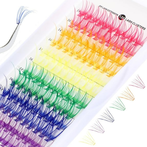LUU-Lash Extension Kit, 120 Pcs DIY Lash Clusters Individual 14mm 16mm Mixed Soft False Eyelashes Rainbow Colorful Cluster Lashes Reusable Fluffy Lash for Women_SAI