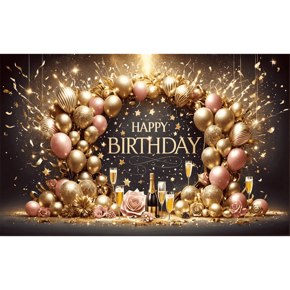 LUUFILx 1Pc Happy Birthday Black Gold Balloon Background Wall Photography Mural Wallpaper Suitable for Family Birthday Party Decoration