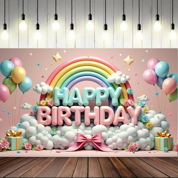 LUUFILx 3D Balloon Rainbow Happy Birthday Party Background 3D Balloon Rainbow Macaron Colorful Balloon Gift Children Birthday Backdrop