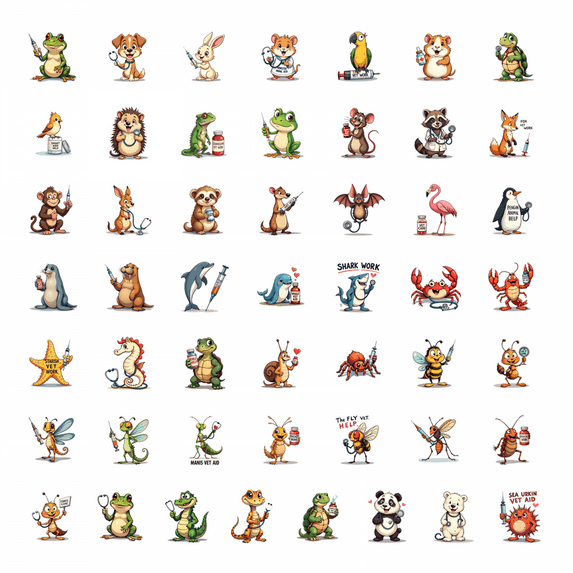 LUUFILx 50pcs Cartoon Praying Mantis Vet Theme Stickers Animal Stationery Decals Water Bottle Laptop Phone Toy Notebook Bicycle Luggage Stickers Set