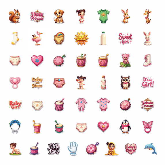 LUUFILx 50pcs Cute Baby Girl Stickers Pink Cartoon Birthday Holiday Stationery Guitar Phone Water Bottle Laptop Luggage Scrapbook Sticker Set