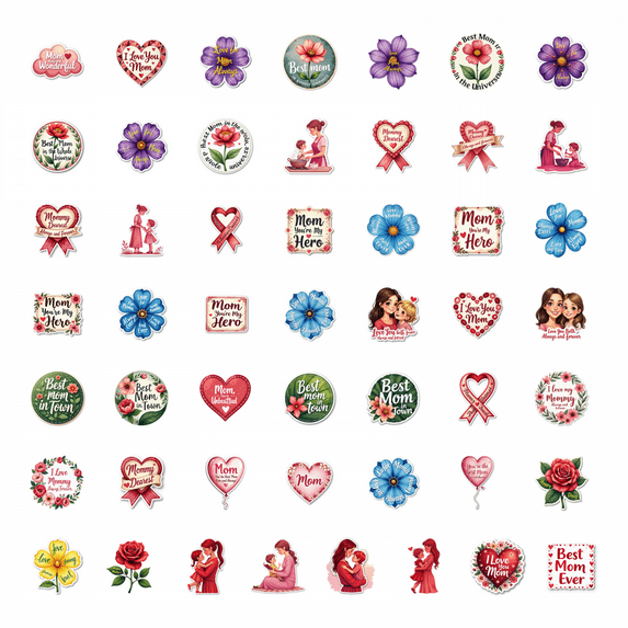 LUUFILx 50pcs Heart Shaped I Love You Mom Stickers Holiday Decorative Stickers Valentine Cute Graphic Bottle Laptop Scrapbook Planner DIY