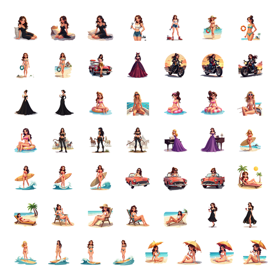 LUUFILx 50pcs Summer Beach Girl Cartoon Surfing Stationery Stickers Water Bottle Laptop Notebook Phone Case