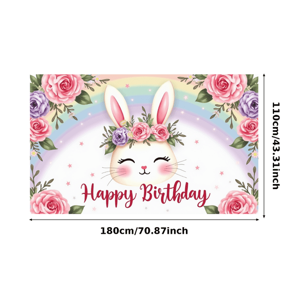 LUUFILx Adorable Bunny Themed Happy Birthday Banner with Floral Decorations and Rainbow Background