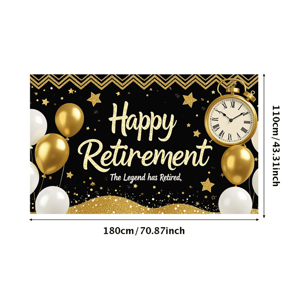 LUUFILx Black Gold Glitter Happy Retirement Banner with Balloons Star Clock Decors Backdrop